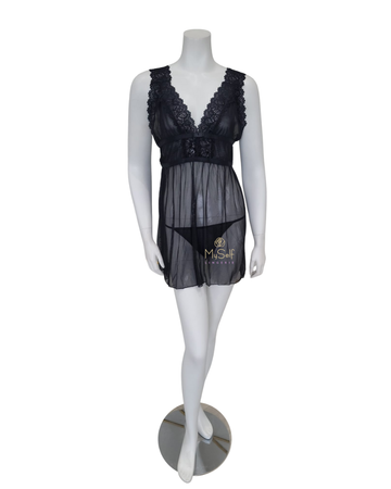 Oh La La Cheri 75-10789 Black Mesh & Lace Empire Babydoll with G String myselflingerie.com